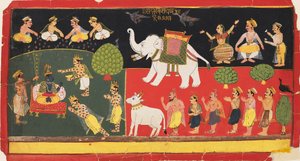 白い象に乗って到着したインドラによって崇拝されたクリシュナ、c1720 作： Unbekannt