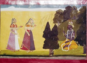 フルートを持ったクリシュナに二人の女性が近寄る 作： Unbekannt