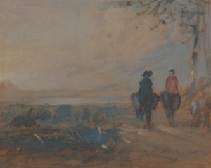 湖のある風景と乗馬する 2 人の人物、カリフォルニア州。 1820年。 作： Unbekannt