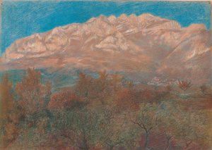 青空の下で木の葉の後ろにバラと紫の山Resegoneのある風景 作： Unbekannt