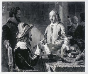 イギリスの医師ウィリアム・ハーヴェイ（1578-1637）が、イギリス王チャールズ1世スチュアート（1600-1649）に血液循環の理論を示したもの。