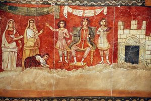 ファラオとモーセの幼少期」デュラ・ユーロポス・シナゴーグのフレスコ画（244-245年）、ダマスカス国立博物館所蔵。ニューヨークのユダヤ博物館で開催された展覧会での写真。 作： Unbekannt