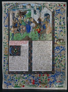 Jehan de Courcysユニバーサルクロニクルの葉：Priam王とHelenおよびParisが出会う...、c。 1470。