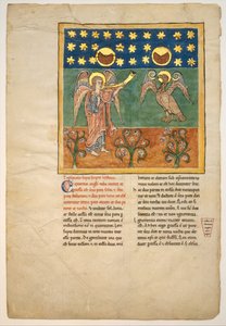 Beatus Manuscript からのリーフ: The Fourth Angel Sounds the Trumpet and a Eagle..., ca. 1180年。 作： Unbekannt
