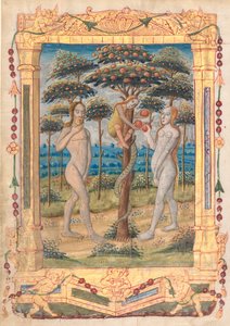 ブック・オブ・アワーズからのリーフ：アダムとイブと人間の堕落...直腸、c。 1510。 作： Unbekannt