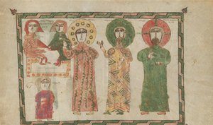 4人の立っている伝道者のいる福音書の葉、1290-1330年。 作： Unbekannt