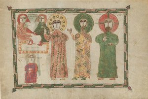 アルメニア人、1290-1330年、4人の立っている伝道者がいる福音書の葉。 作： Unbekannt