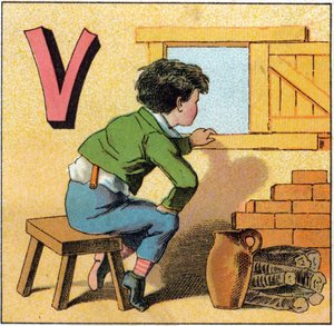 Letter V as vasistas.好奇心旺盛な子供が窓から外を眺めている様子。Alphabet des petits ecoliers "に掲載された版画。エピナルの映像、1885年頃。プリヴェ・コレクション 作： Unbekannt