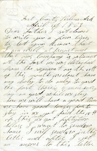 Ark州HelenaのFort Curtisに住むDavid T. Masseyが父（Nathan Massey）に宛てた署名入りの手紙（1863年4月21日）。