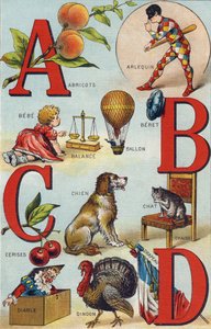 アルファベット A B C D; アプリコット; ハーレクイン; バランス; バルーン; ベベ; チェリー; 猫の椅子; 犬; 毛布; 悪魔; 七面鳥; 旗。Alphabet de ma petite fille "のエングレーヴィング。Bernardin-Bechet and Fils, bookseller-publishers, Paris, about 1895.缶入りアンブレイカブル・アルバム