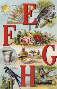 Letters E F G H; Swallow; Fan; Flowers; Cakes; Cup; Hachette; Swallow.Alphabet de ma petite fille "のエングレーヴィング。Bernardin-Bechet and Fils, bookseller-publishers, Paris, around 1895.キャンバス地にアンブレイカブル・アルバム。Bibliotheque des Bebes.12ページ。アルバム本体 作： Unbekannt