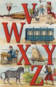 レターV W X Y Z、ステアリング・ホイール、ワゴン、キシログラフ、ヨット、ゼブラ、ズアーブ。Alphabet de ma petite fille "に掲載された版画。Bernardin-Bechet and Fils, bookseller-publishers, Paris, around 1895.キャンバス地にアンブレイカブル・アルバム。Bibliotheque des Bebes.12ページ。アルブ 作： Unbekannt