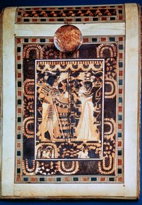 紀元前14世紀の庭園でツタンカーメンとその妻アンケセナムンを示す金庫の蓋 作： Unbekannt