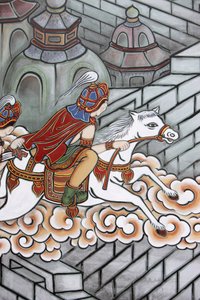 仏陀の生涯 シッダールタは、馬のカンタカに乗ったチャンナを伴って宮殿を脱出した。 作： Unbekannt