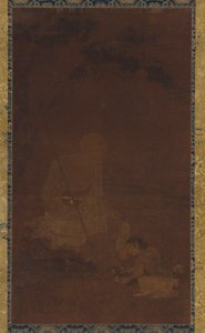 ローハンが着席し、付き添いが彼の前にひざまずく、元または明王朝、1279-1644. 作： Unbekannt