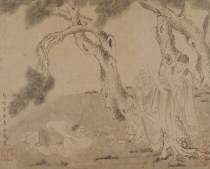 ルオハン、従者、松の下の崇拝者、元または明王朝、1279-1644. 作： Unbekannt