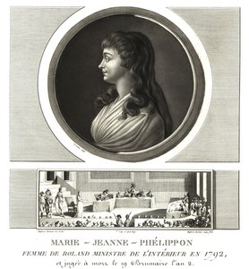 ジロンディストのマダム・ローラン（マリー＝ジャンヌ・ペリポン）（1754-1793）は、夫のジャン＝マリー・ローラン・ド・ラ・プラティエールと一緒にいた。 作： Unbekannt