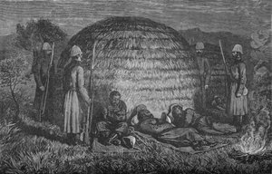 マルテル少佐と先住民のクラールでセテワヨを守っていた部下、1880年 作： Unbekannt