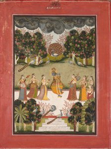 Malar Ragini：楽器を持っている7つのゴピスにフルートを演奏するクリシュナ...、c。 1760。 作： Unbekannt