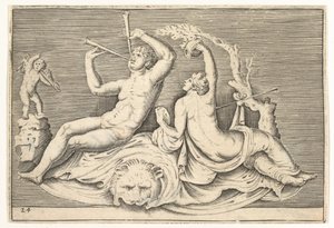 Lionskinで2つのフルートと女性を演奏する男性、ca。 1599-1622。 作： Unbekannt