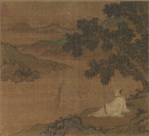明朝、川を見下ろす木の下の丘の中腹に立つ男。 作： Unbekannt