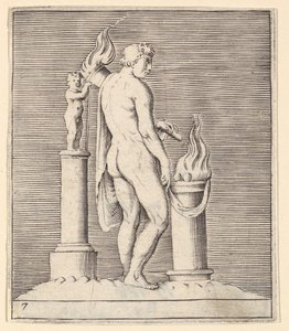 Flaming AltarとStatuetteの間のトーチを持つ男、caを公開。 1599-1622。 作： Unbekannt