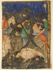 ヘブライ語聖書の場面を示す写本の切り抜き、おそらくダビデ王の生涯、1400 年頃。 作： Unbekannt