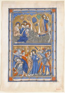 王家の詩篇から「庭園の苦悩」と「キリストの裏切り」を描いた写本の葉 1270年頃 作： Unbekannt