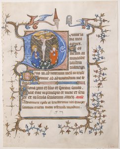 イニシャル D の磔刑の写本の葉、Book of Hours から。 1350年。 作： Unbekannt