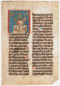 イニシャル T に聖三位一体を含む写本の葉、ミサ典書から。 1390年。 作： Unbekannt