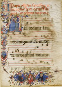頭文字Aの「訪問」とCardinal Adam Easton...が描かれた写本の葉、約1400年。 作： Unbekannt