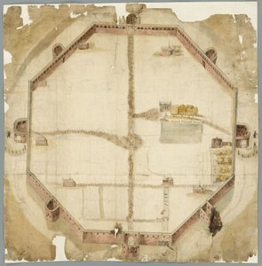 1530 年の地図で、オランダのハーグで計画されたものの実行に移されなかった壁を示しています 作： Unbekannt