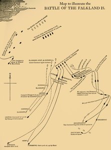1914年12月8日、1920年のフォークランド諸島の戦いを示す地図。 作： Unbekannt