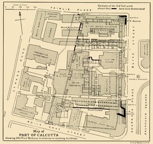 カルカッタの一部で、1925年の既存の建物との関連でウィリアム旧砦を示す地図。 作： Unbekannt