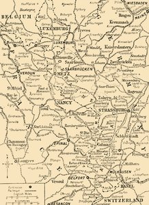 フランスとドイツの国境、第一次世界大戦、c1915、c1920を示す地図。