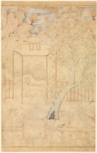 ガーデンパビリオンのマスターと弟子、1ページのイラスト、c。 1570-1590年代。 作： Unbekannt