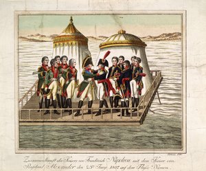 1807年、ティルシの近くのネマンでの皇帝アレクサンドル1世とフランスのナポレオン1世の会談 作： Unbekannt