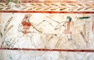 槍で戦う男たち、パエストゥム、紀元前 4 世紀
