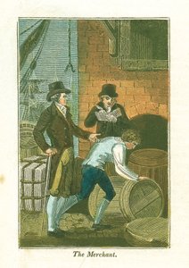 1823年に倉庫で商品をチェックする波止場の商人とその店員 作： Unbekannt