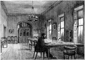 1891年、ダブリンのアッパーサックビルストリート、ランドリーグの委員会室にいるマイケルダビット 作： Unbekannt