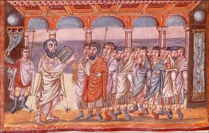 ムーティエ・グランドヴァル聖書、約830年〜約840年から法のタブレットを受け取るモーセ