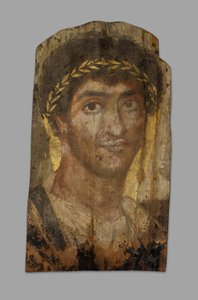 月桂冠をかぶった男性のミイラの肖像画、ファユーム、2 世紀初頭から中期。