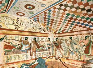 1928年、イタリア、タルクイーニアのヒョウの墓トンバデイレオパルディの壁画。 作： Unbekannt