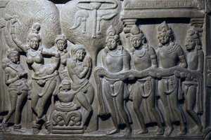デリーのインド国立博物館。仏陀の生涯の場面。イクスヴァク 紀元3世紀 アンドラ・プラデシュ州ナガルジュナコンダ灰色がかった石灰岩。詳細インド 作： Unbekannt
