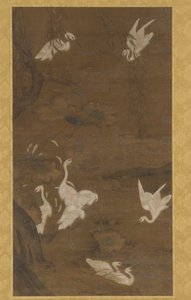 9羽の白鷺と1本の柳の木、明王朝、15世紀。 作： Unbekannt