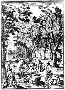 北米でのヒューロンインディアンの狩猟と森林での食事の準備、1686年 作： Unbekannt