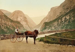 馬車のノルウェーの農民の少女。 1900年頃。 Photoglob - Zurichによる写真 作： Unbekannt