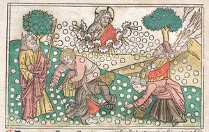 ニュルンベルク聖書：マナが天国から落下、1400年代。 作： Unbekannt