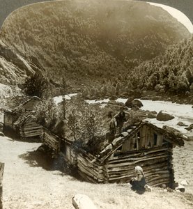 ノルウェー、c1905の芝生で覆われた屋根の上に木が生えているブラッツランズダルの古いログハウス。