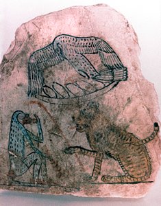 オストラコンフラグメント、チーター、鳥と猿、エジプト 作： Unbekannt